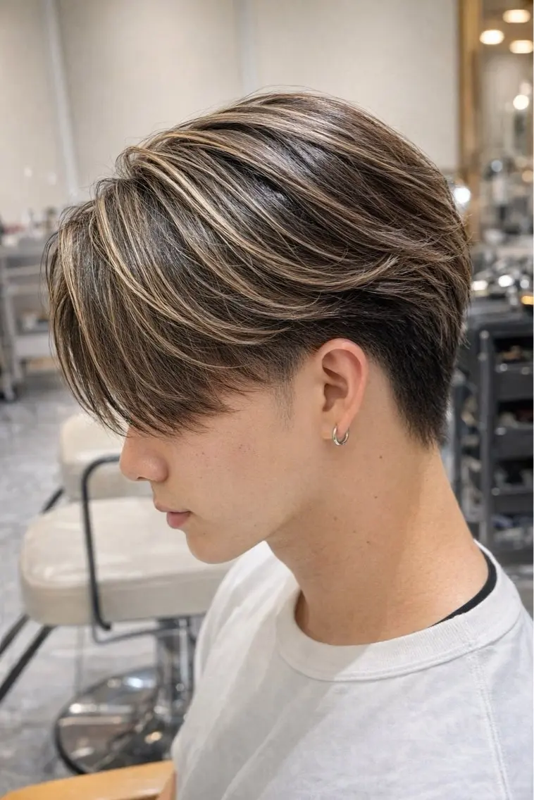 ミディアム カラー メンズ メンズバレイヤージュ センターパート メンズハイトーン バレイヤージュ ハイトーンカラー カット パーマ メンズ/ハイトーン /縮毛矯正/木村神心のヘアスタイル