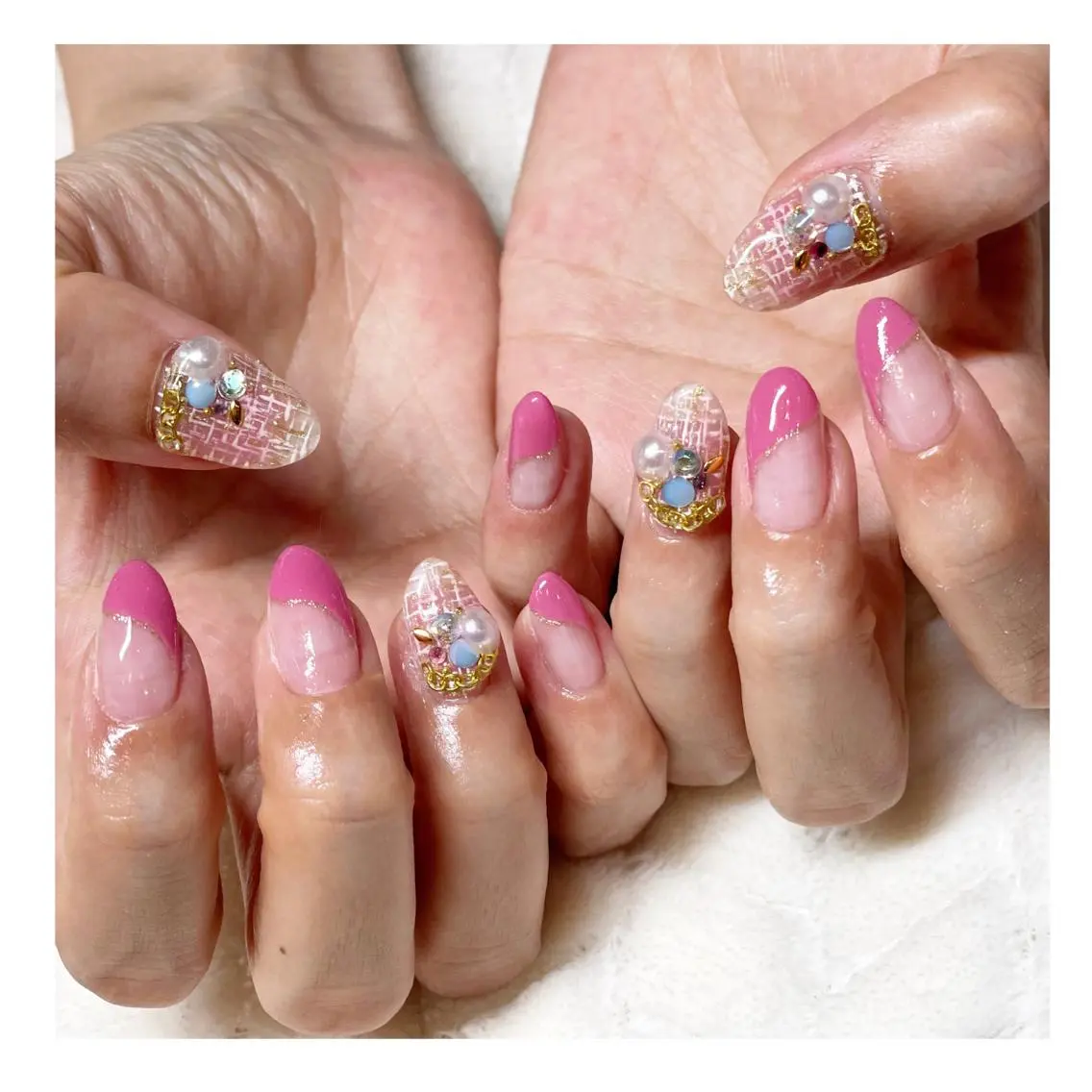ネイル フレンチネイル ジェルネイル ピンク ツイードネイル 冬ネイル ハンドネイル LaLa Peach 福岡のマツエク・マツパデザイン