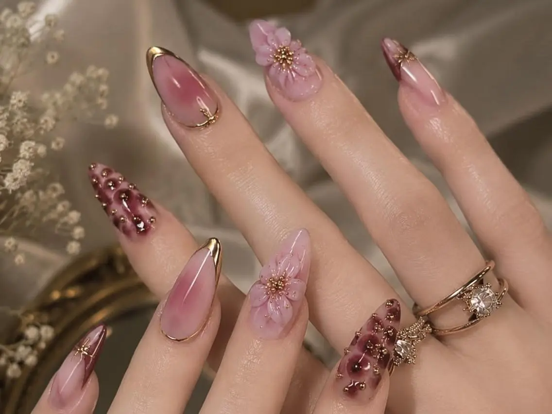 ネイル ブルー 長さ出し フラワーネイル キラキラネイル 韓国ネイル ハンドネイル Umee Nailのネイルデザイン