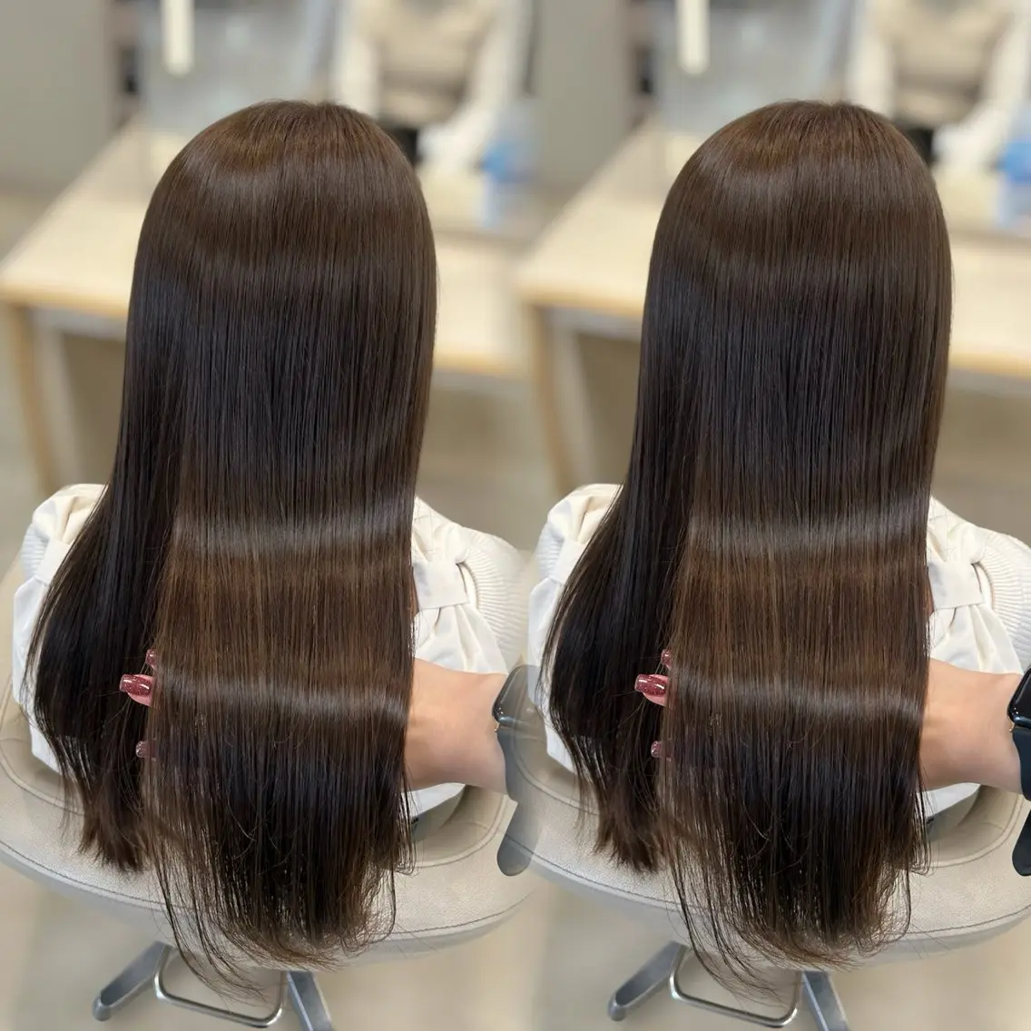 ロング カラー 透明感カラー カット ヘアカラー トリートメント ヘアセット ベージュ/つや/ レイヤー／ゆいなのヘアスタイル