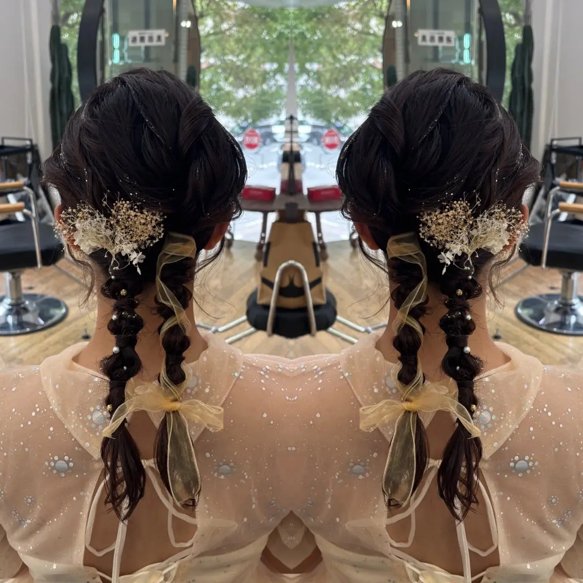 セミロング ヘアアレンジ 結婚式・ブライダル ヘアセット 💎ハイトーン/艶 カラー モエカ💎のヘアスタイル