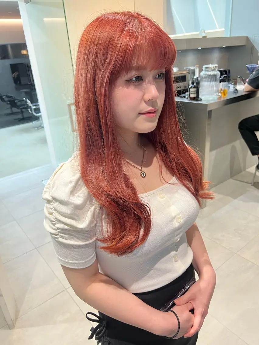 ロング カラー ブリーチ オレンジ ピンクカラー カット ヘアカラー トリートメント 吉沢遣人/レイヤー 艶カラー/抜け感のヘアスタイル