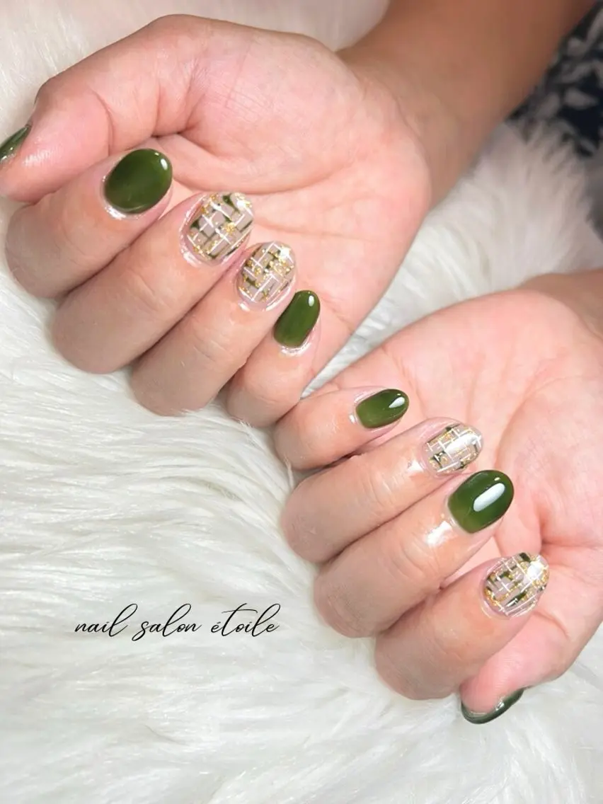 ネイル アートネイル グリーン ワンカラーネイル ツイードネイル 冬ネイル ハンドネイル nail salon étoileのネイルデザイン
