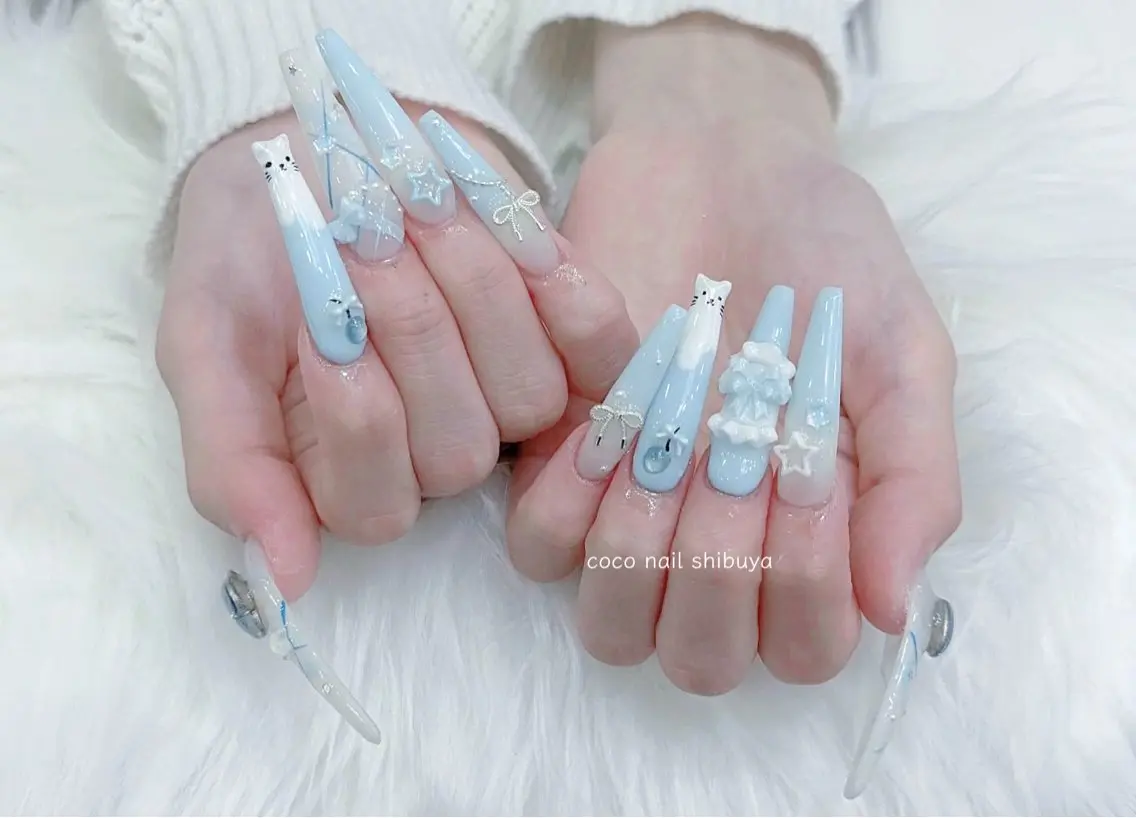 ネイル 成人式 大理石ネイル(マーブル) リボン 夏ネイル ネイルチップ ハンドネイル CoCo Nail 長さ出し専門店のネイルデザイン