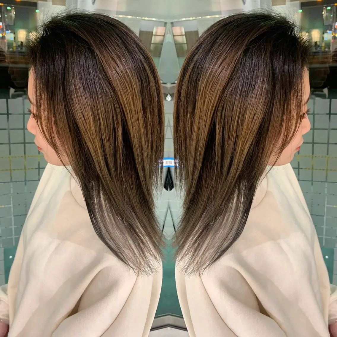 セミロング カラー バレイヤージュ グレージュ レイヤーカット カット ヘアカラー ブリーチ/バレイヤ ージュ川端裕司のヘアスタイル