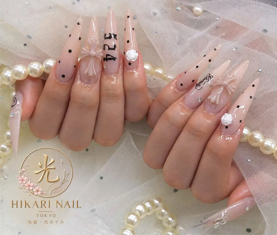 ネイル チークネイル 長さ出し フレンチネイル ガーリー ハート ハンドネイル HikariNail Ikebukuroのネイルデザイン