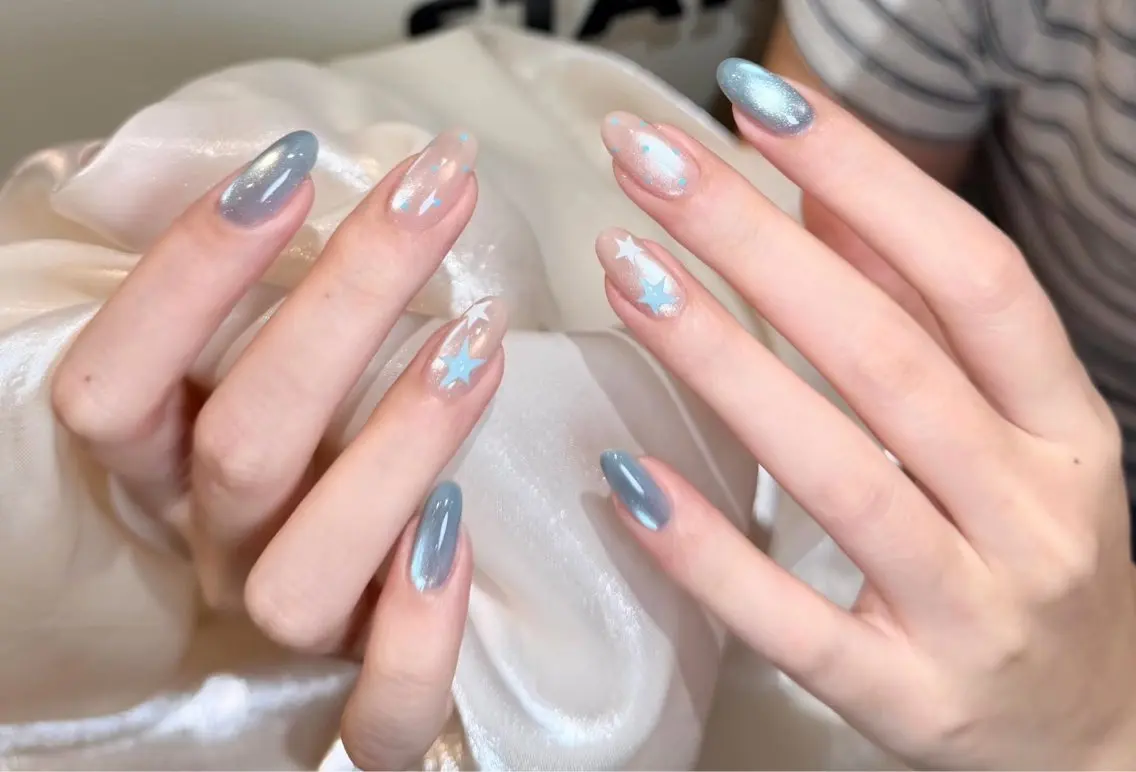 ネイル ブルー フットネイル ジェルネイル 氷ネイル・うるうるネイル マグネットネイル Yoxie ミキのネイルデザイン