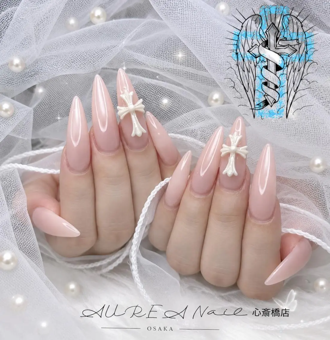 ネイル 長さ出し ハート キラキラネイル 韓国ネイル ロングネイル ハンドネイル AUREA Nail 心斎橋店のネイルデザイン