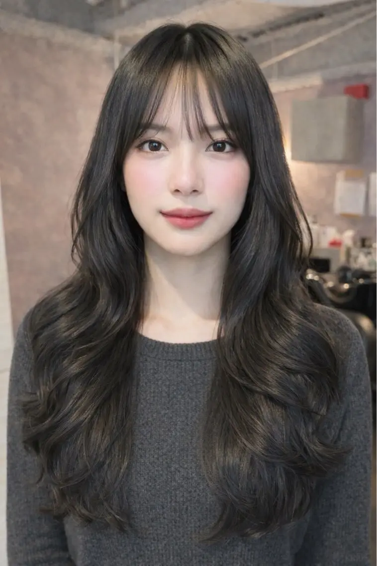 ロング カラー 黒髪 ブルーカラー ブルーブラック レイヤーカット ヘアカラー エクステ あみ/暗髪オリ ーブ特化🍃髪質改善のヘアスタイル