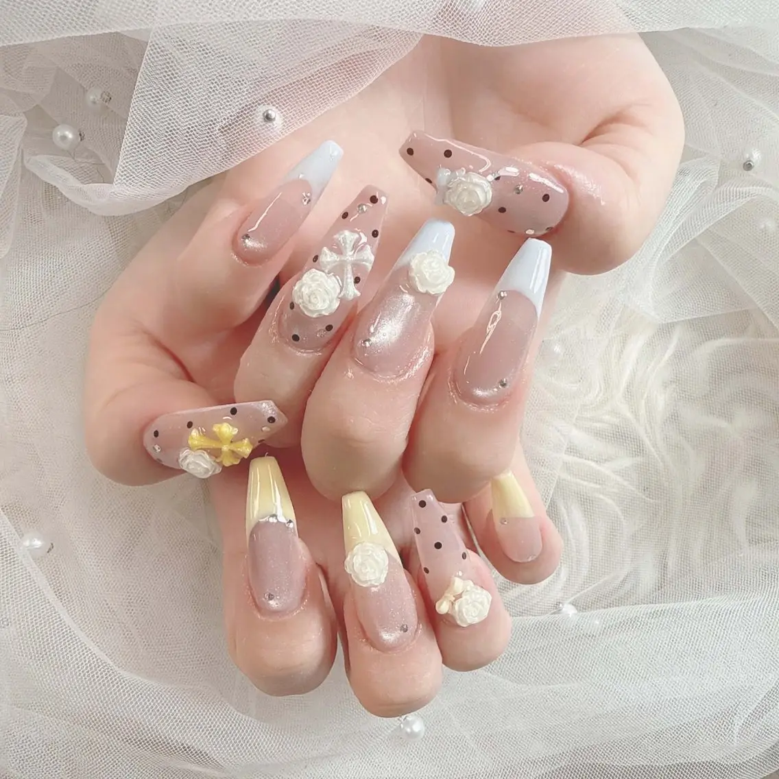 ネイル 成人式 大理石ネイル(マーブル) リボン 夏ネイル ネイルチップ ハンドネイル Mei Salon 長さ出し専門店のネイルデザイン