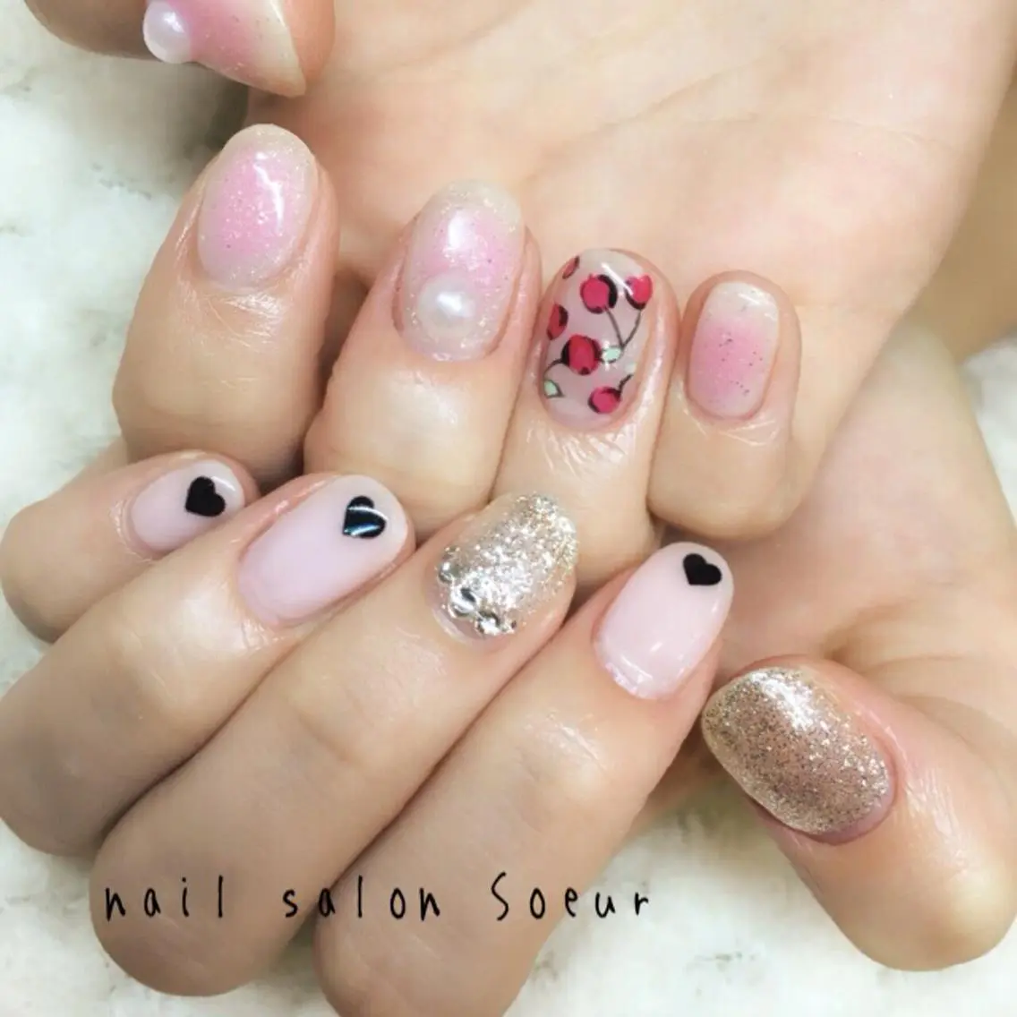 ネイル アートネイル チークネイル ジェルネイル ハート ショートネイル ハンドネイル nail salon Soeurのネイルデザイン