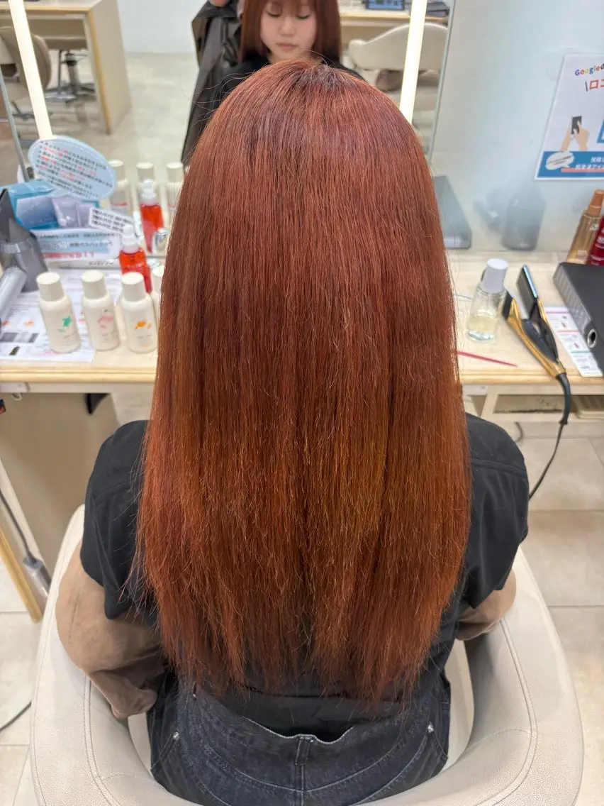 セミロング カラー ブリーチ ブラウンカラー ブリーチなしカラー オレンジ オレンジブラウン ヘアカラー ブリーチなしダブル/ 韓国/暖色/平塚のヘアスタイル