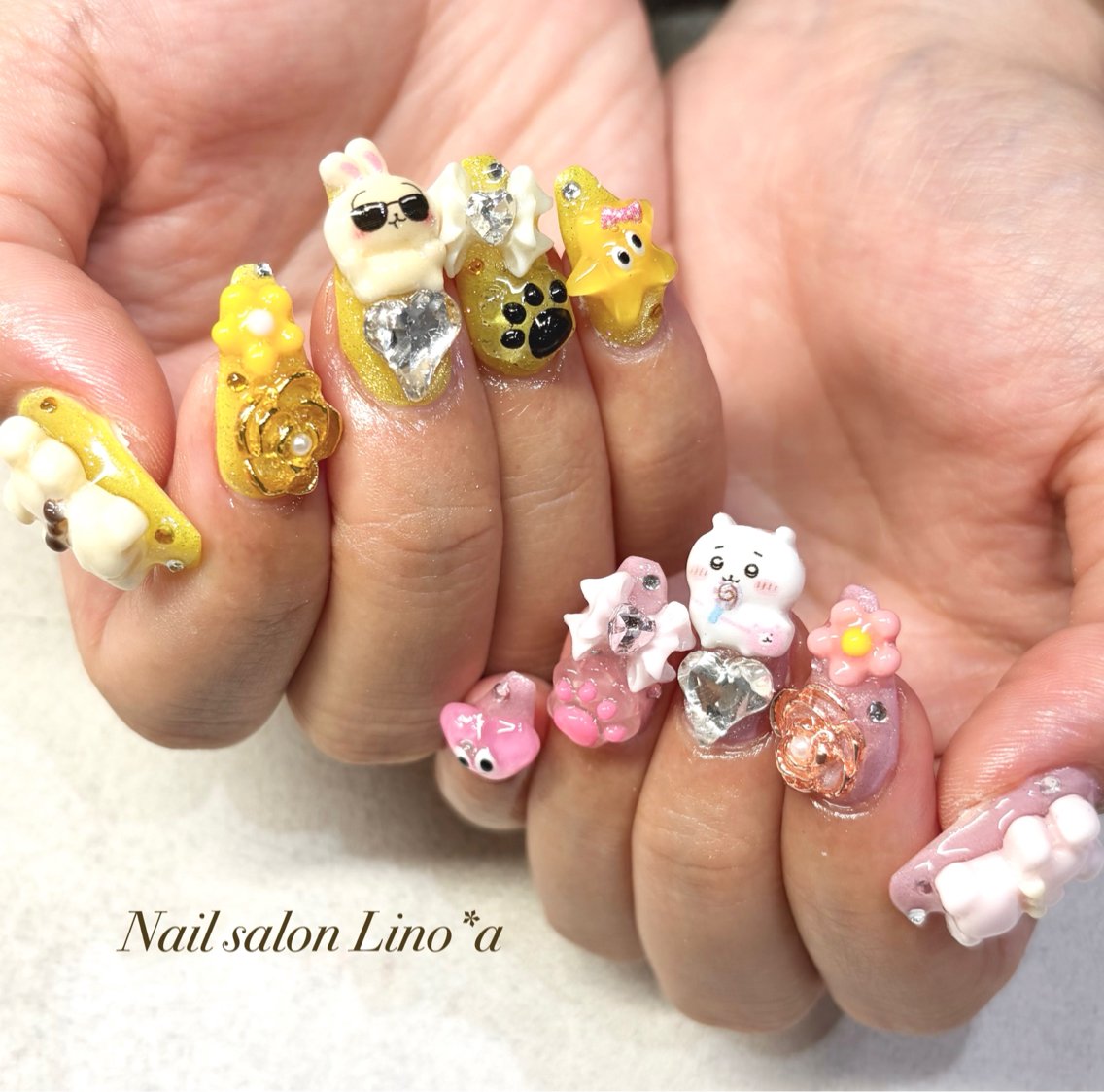 ネイル アートネイル 長さ出し 持ち込み ピンク 黄色 ハンドネイル Nail salon Lino*aのネイルデザイン