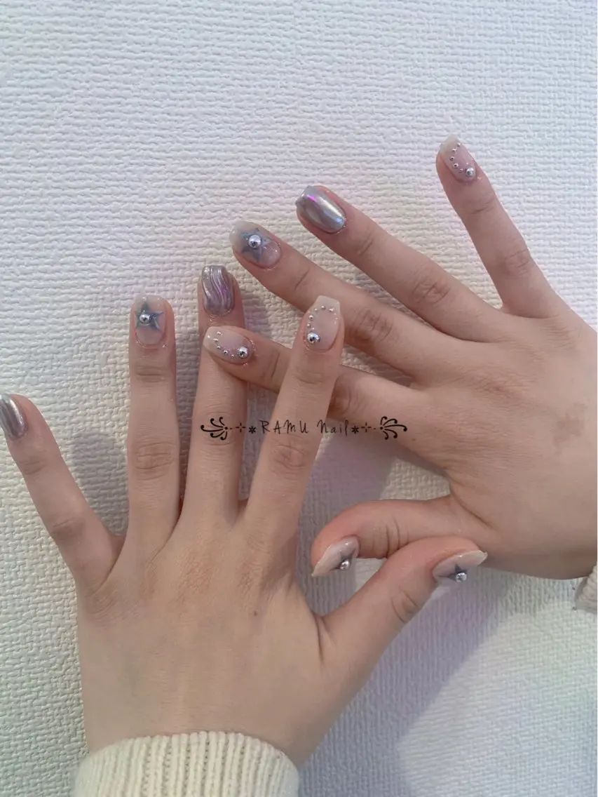 ネイル キラキラネイル マグネットネイル ミラーネイル ピンク ワンホンネイル ハンドネイル RAMU Nail 恵比寿店のネイルデザイン