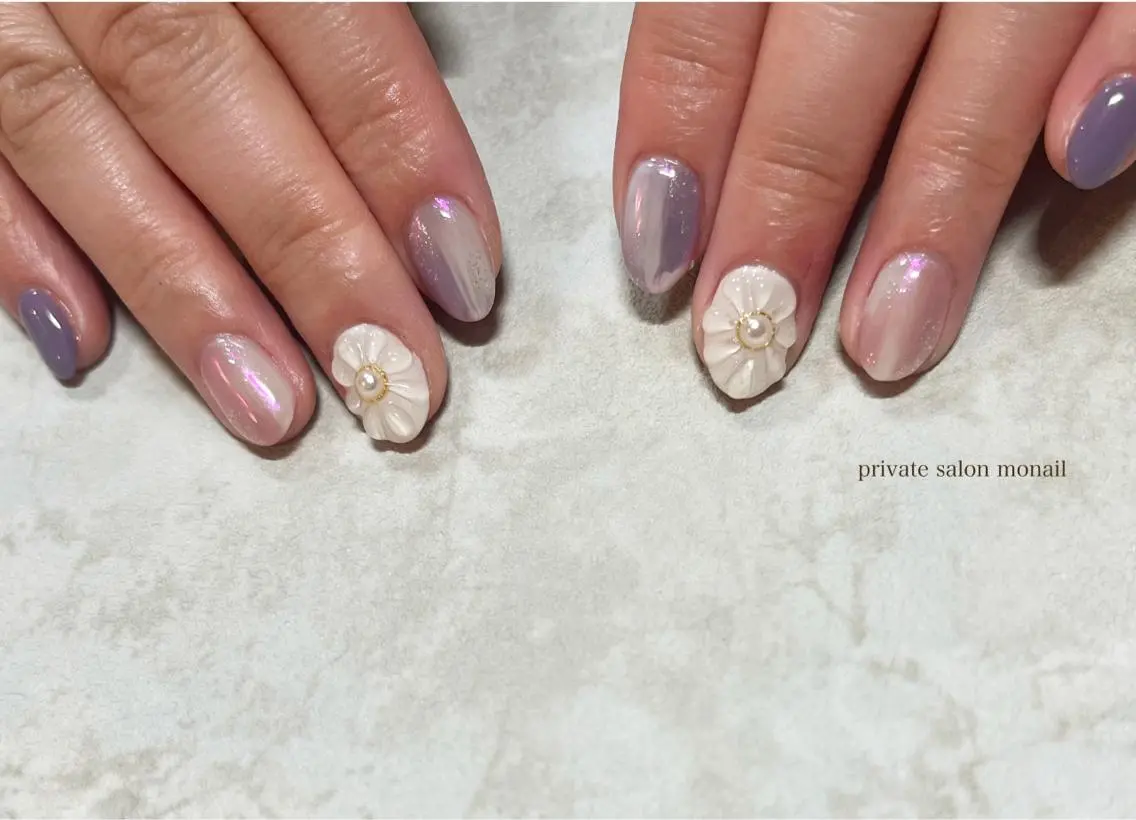 ネイル オーロラネイル フラワーネイル ぷっくりネイル ハンドネイル nail salon monailのネイルデザイン