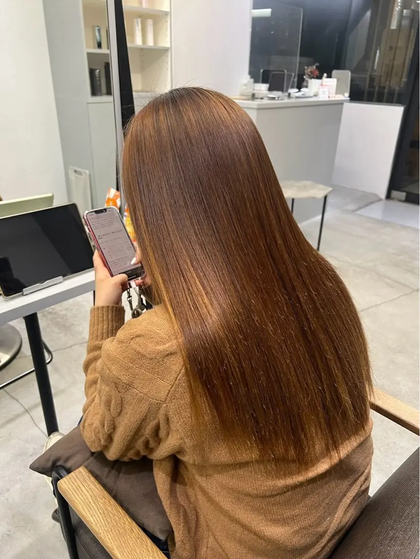 ロング パーマ 縮毛矯正 🍒モテ暖色カラー × うる艶✧ ゆなのヘアスタイル