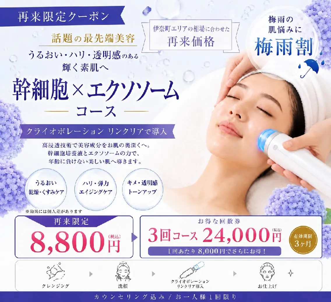 幹細胞メニュー!フェイスラインのたわみ、シミ・ほうれい線・シワに◎12480円→8800円の写真