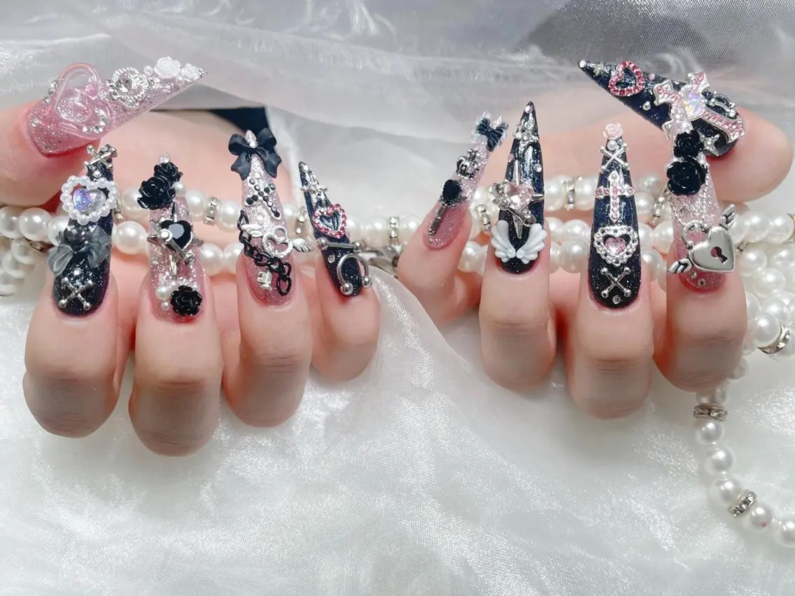 ネイル 成人式 大理石ネイル(マーブル) リボン 夏ネイル ネイルチップ ハンドネイル CoCo Nail 長さ出し専門店のネイルデザイン