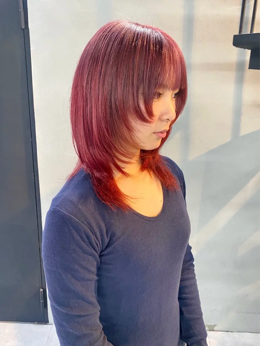 ミディアム カラー ブリーチ デザインカラー レッドカラー ボブ くびれヘア 柏 デザインカラー/ レイヤー🐣シオリのヘアスタイル