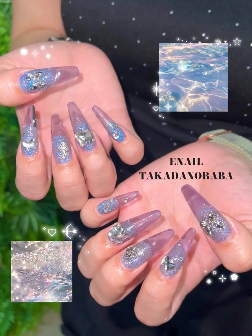 ネイル ブルー 長さ出し ラメ(グリッター) ロングネイル 持ち込み KAREN 高田馬場のネイルデザイン