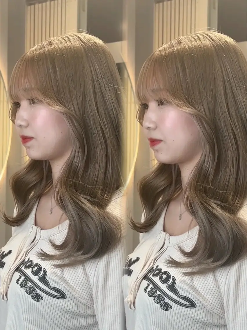 ロング ヘアカラー トリートメント ヘッドスパ ヘアセット 顔まわりレイヤー/諒 オリーブカラー/天神のヘアスタイル