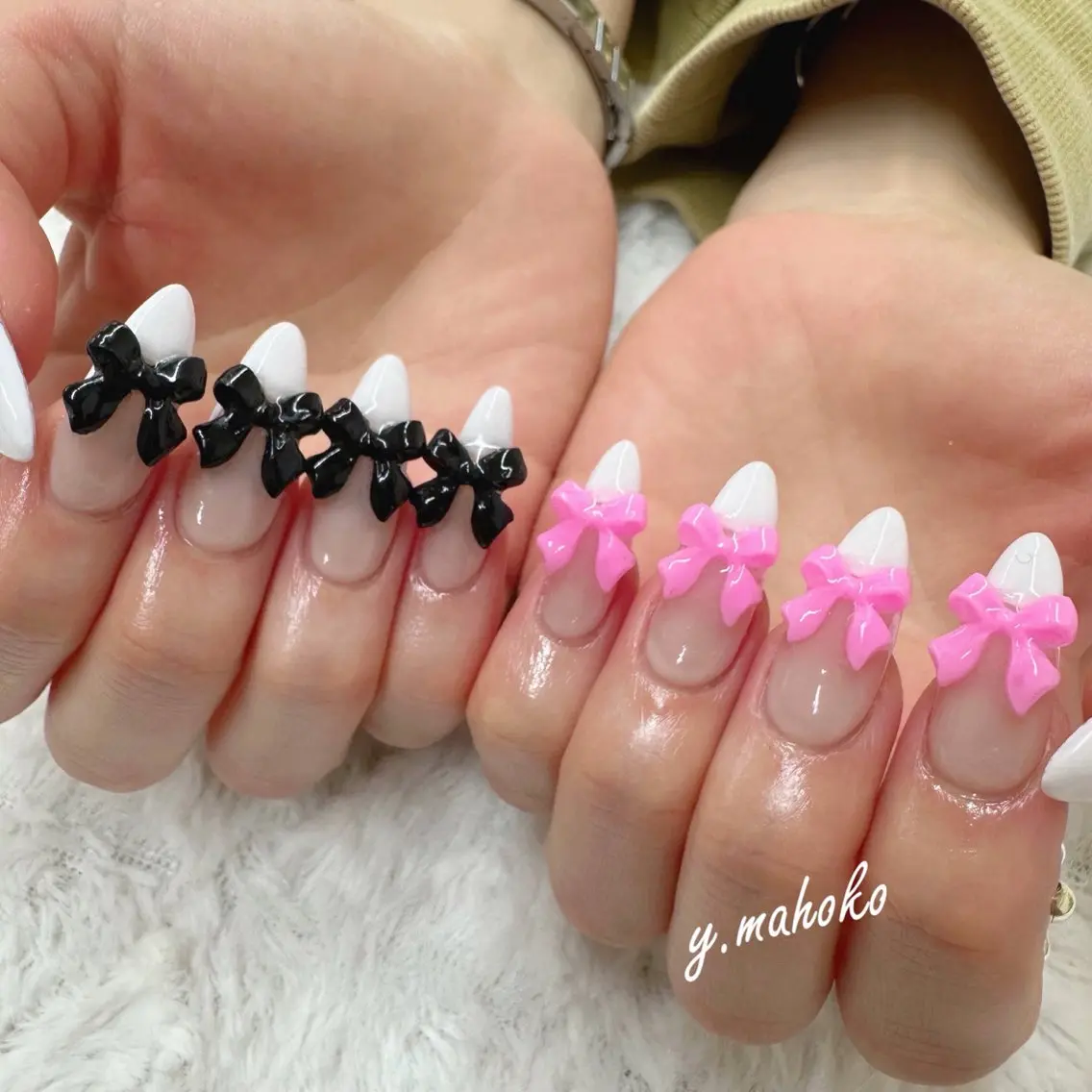 ネイル 持ち込み ピンク リボン ハンドネイル パラジェル有/ 長さだし/mahoのネイルデザイン