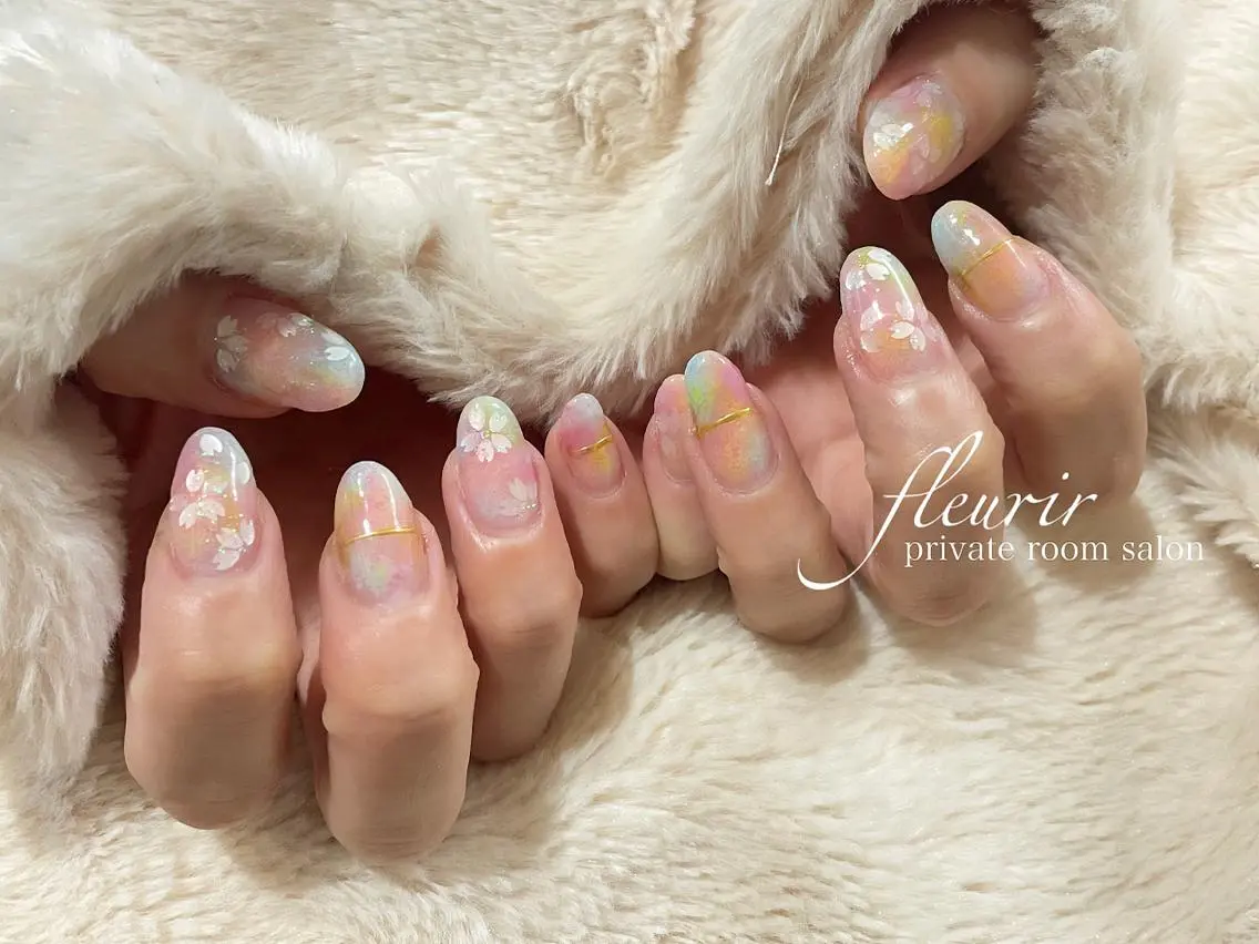ネイル 水色 ビー玉ネイル オレンジ 黄色 フルリール 【プライベートサロンのネイルデザイン