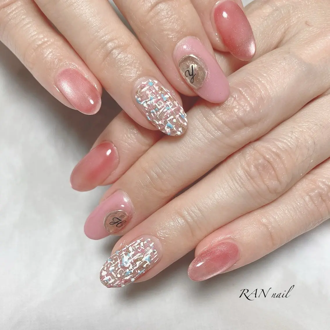 ネイル ブルー キラキラネイル ピンク ツイードネイル 冬ネイル ハンドネイル フットネイル RAN nailのネイルデザイン