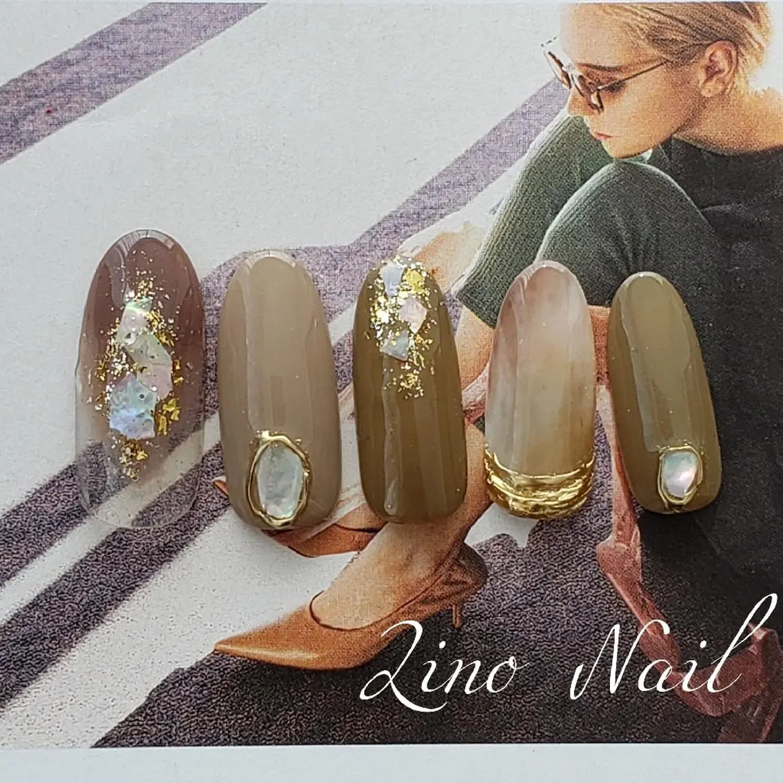 ネイル ブラウン カジュアル ジェルネイル 大理石ネイル(マーブル) ミラーネイル ハンドネイル Lino Nailのネイルデザイン