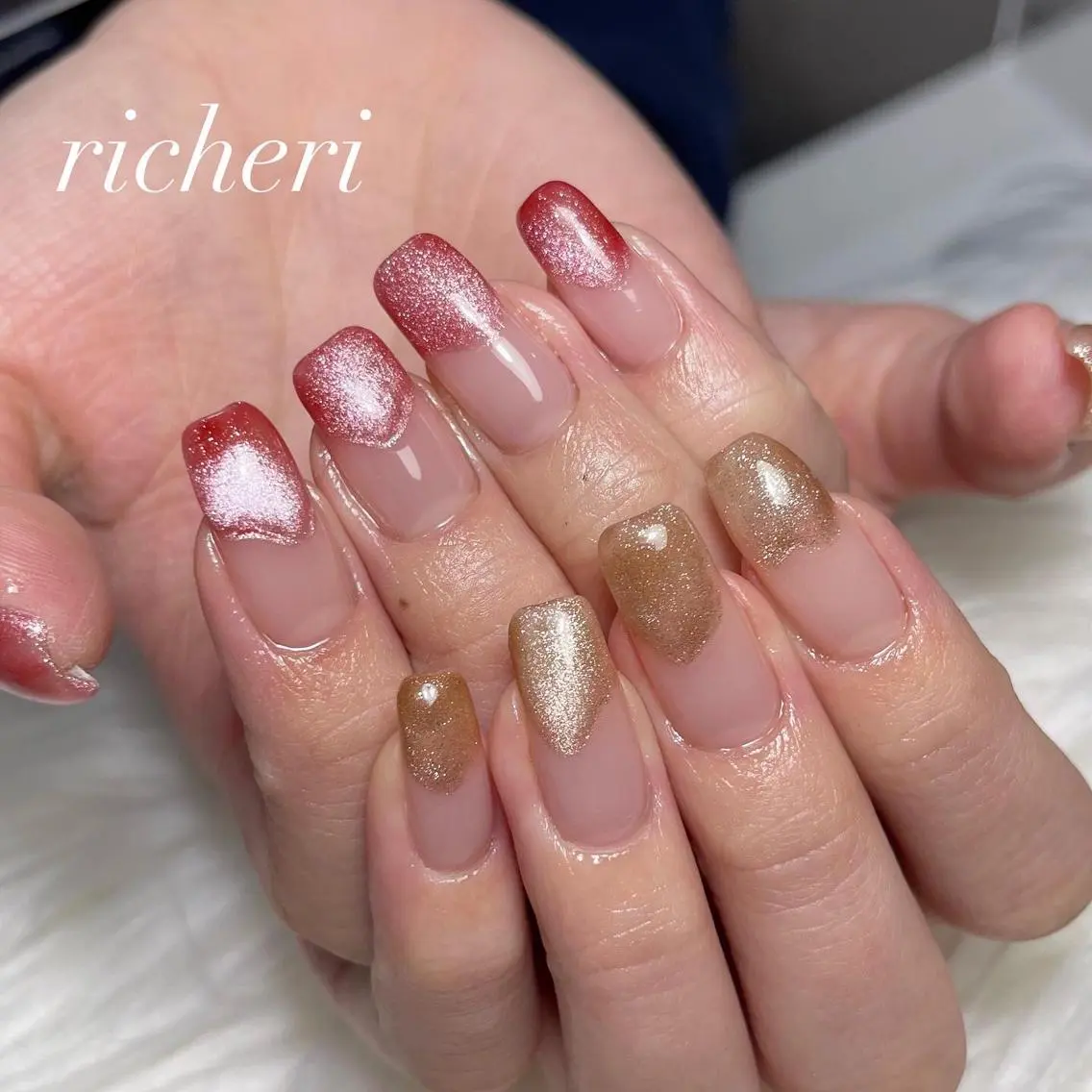 ミディアム ネイル 韓国風ヘア アートネイル フレンチネイル ジェルネイル ガラスフレンチ richeri beautyのエステ・リラクイメージ