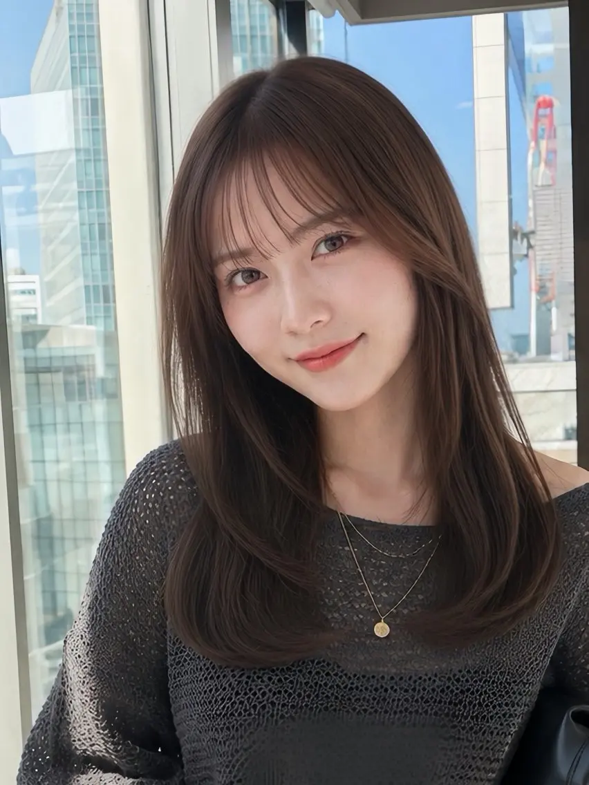 ロング レイヤーカット カット 縮毛矯正 トリートメント 透明感カラー/韓国レ イヤー/宮下知也のヘアスタイル