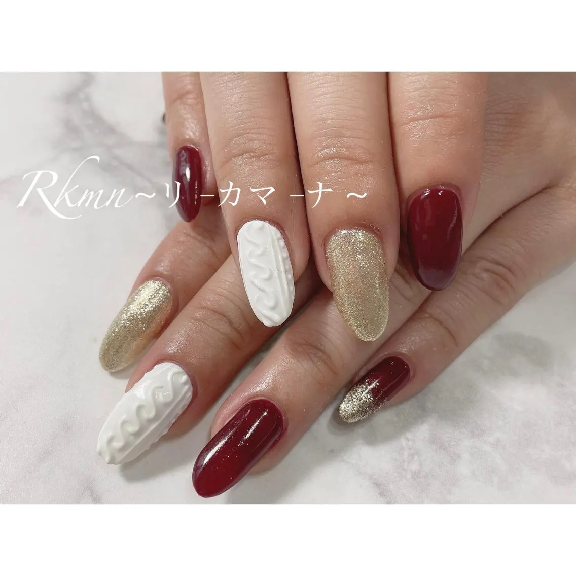 ネイル アートネイル ボルドー ゴールド 春ネイル ハンドネイル フットネイル ハンドケア Rkmn ~リ-カマ-ナ~のネイルデザイン