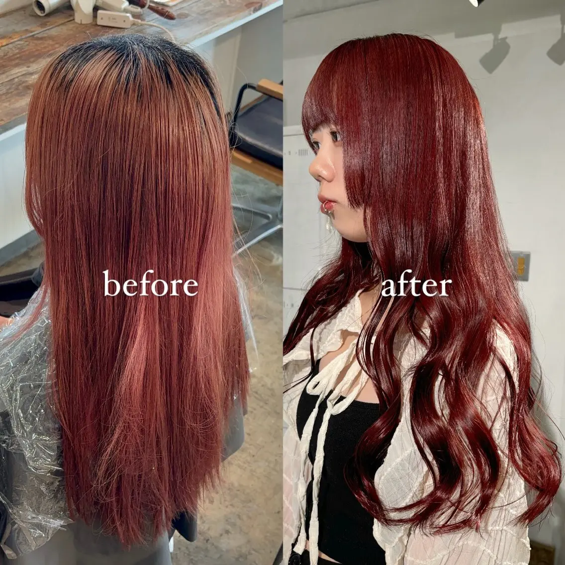 ロング カラー ブリーチ ボルドーカラー ダブルカラー ブリーチなしカラー レッドカラー 暖色カラー🍒 ケアブリーチ/akiのヘアスタイル