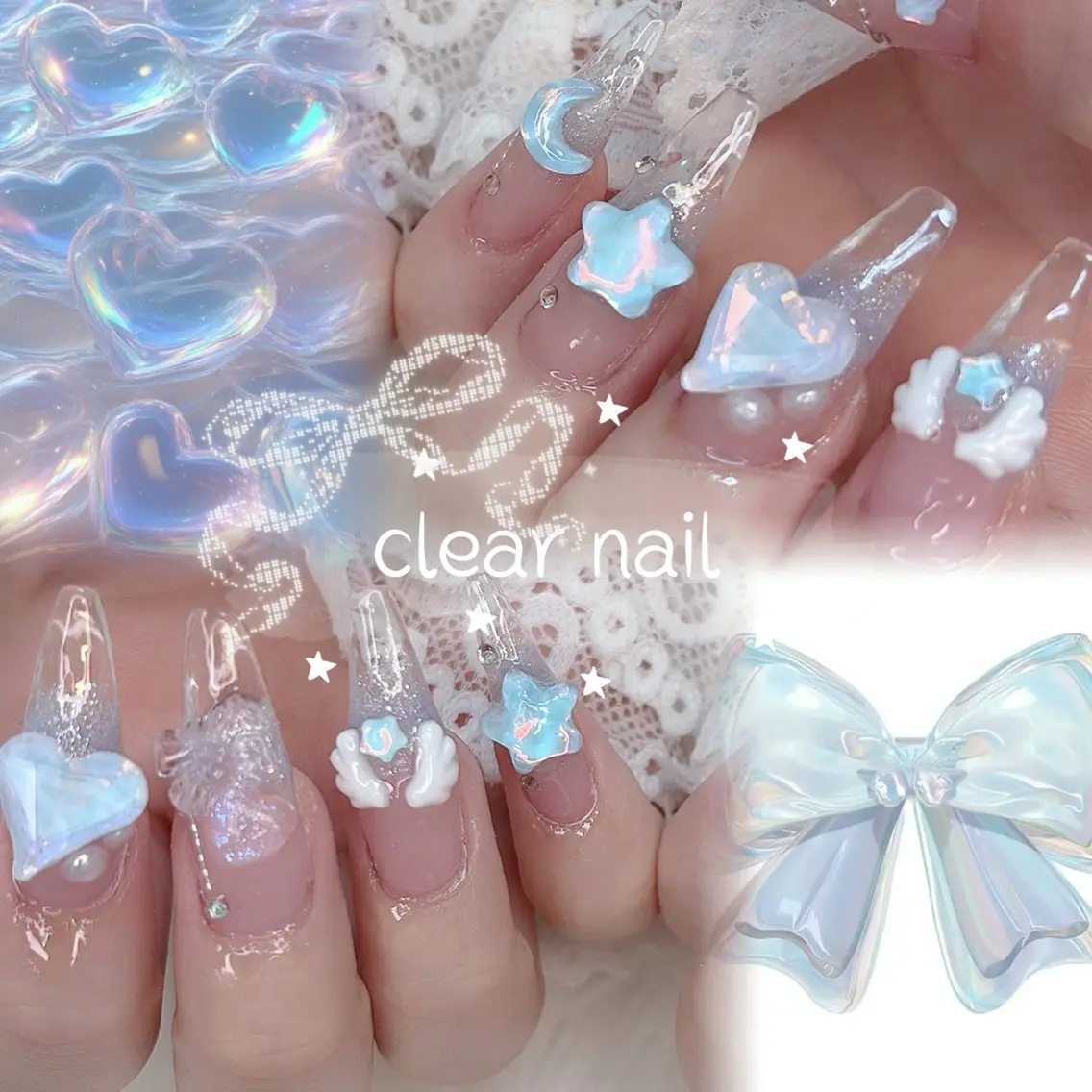 ネイル クリアネイル フレンチネイル ガーリー レース ロングネイル ハンドネイル ハンドケア mini nailのネイルデザイン
