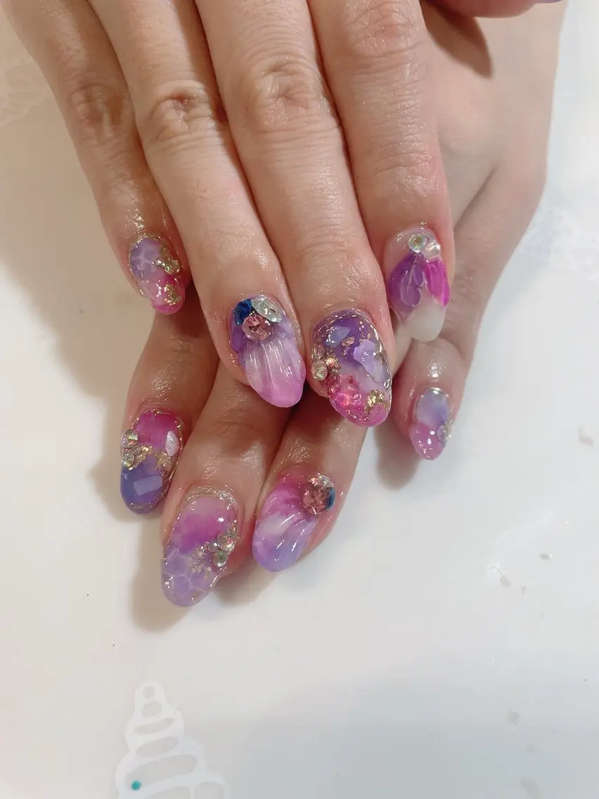 ネイル ピンク パープル 夏ネイル ハンドネイル * haruのネイルデザイン