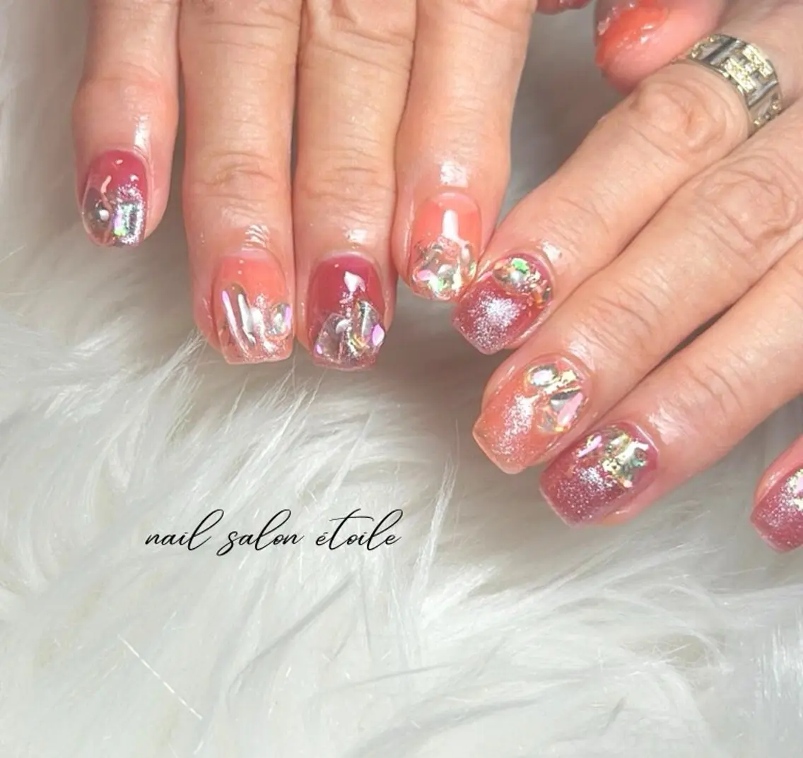 ネイル キラキラネイル マグネットネイル オレンジ ピンク ショートネイル ハンドネイル nail salon étoileのネイルデザイン