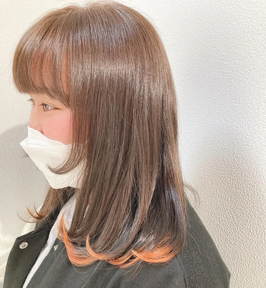 ミディアム カラー ブルーカラー オレンジ カット ヘアカラー トリートメント スキバサミを使わない カット🌼唯🌼のヘアスタイル
