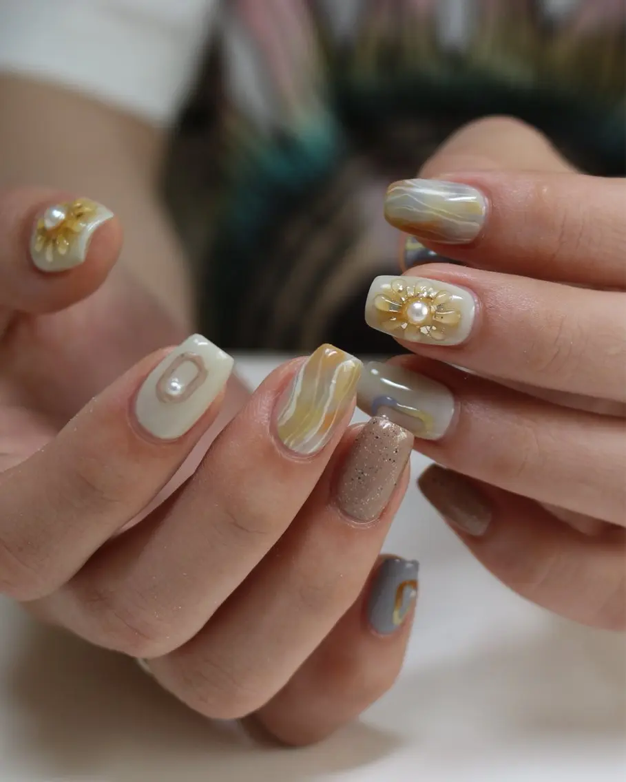 ネイル ブルー フラワーネイル ニュアンスネイル オレンジ 夏ネイル ハンドネイル Baku Nailsのネイルデザイン