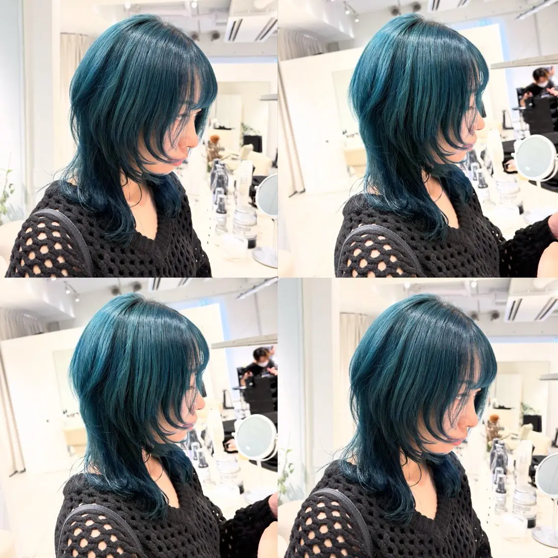 ミディアム カラー 黒髪 ブルーカラー ブルーブラック ダブルカラー カット ヘアカラー トリートメント ヘッドスパ ヘアセット カジュアルを女っぽく 𝗮𝘆𝗮𝗰𝗼のヘアスタイル
