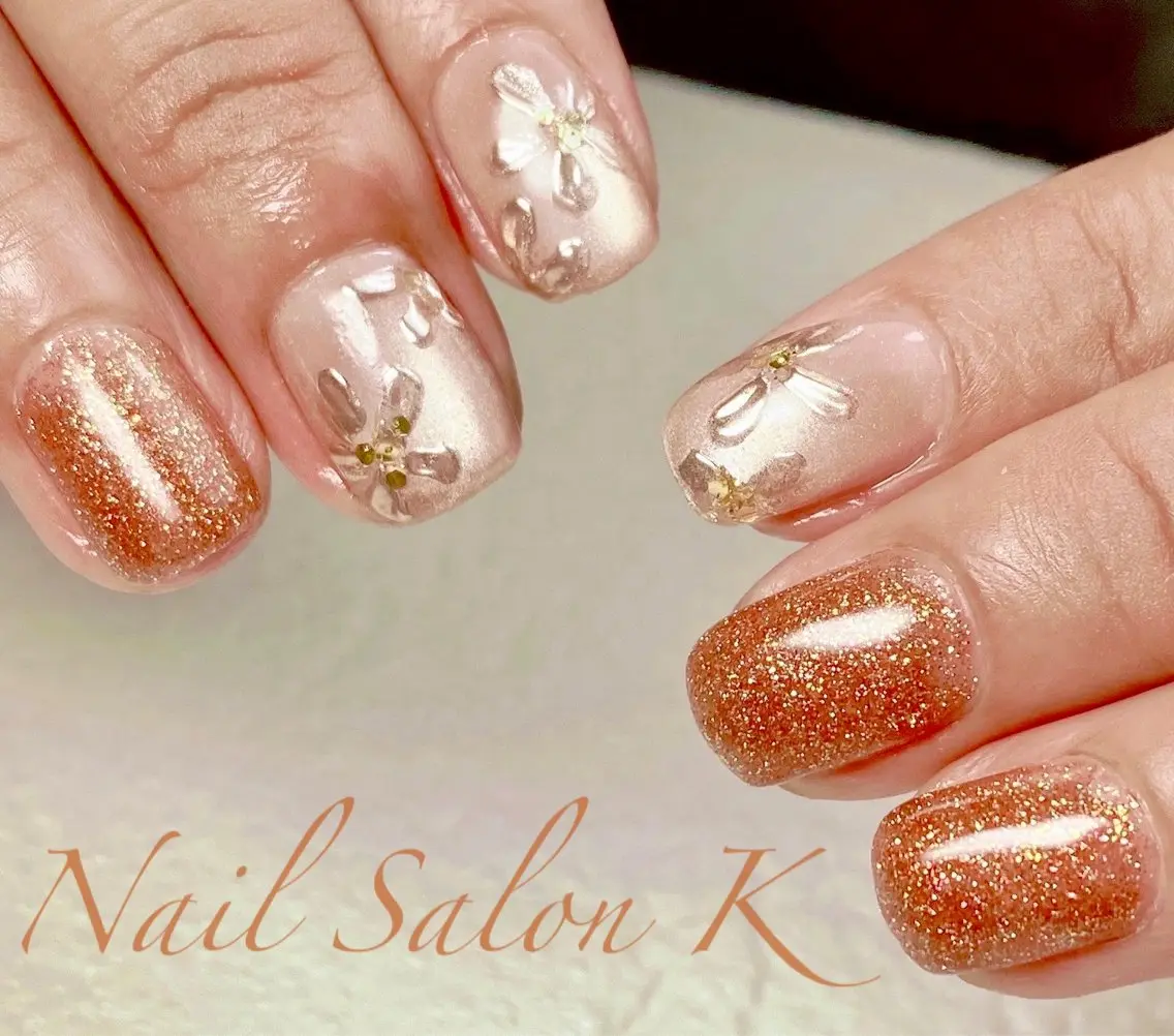 ネイル フラッシュネイル フラワーネイル マグネットネイル ミラーネイル オレンジ ハンドネイル Nail Salon K 🧸美爪育成のネイルデザイン