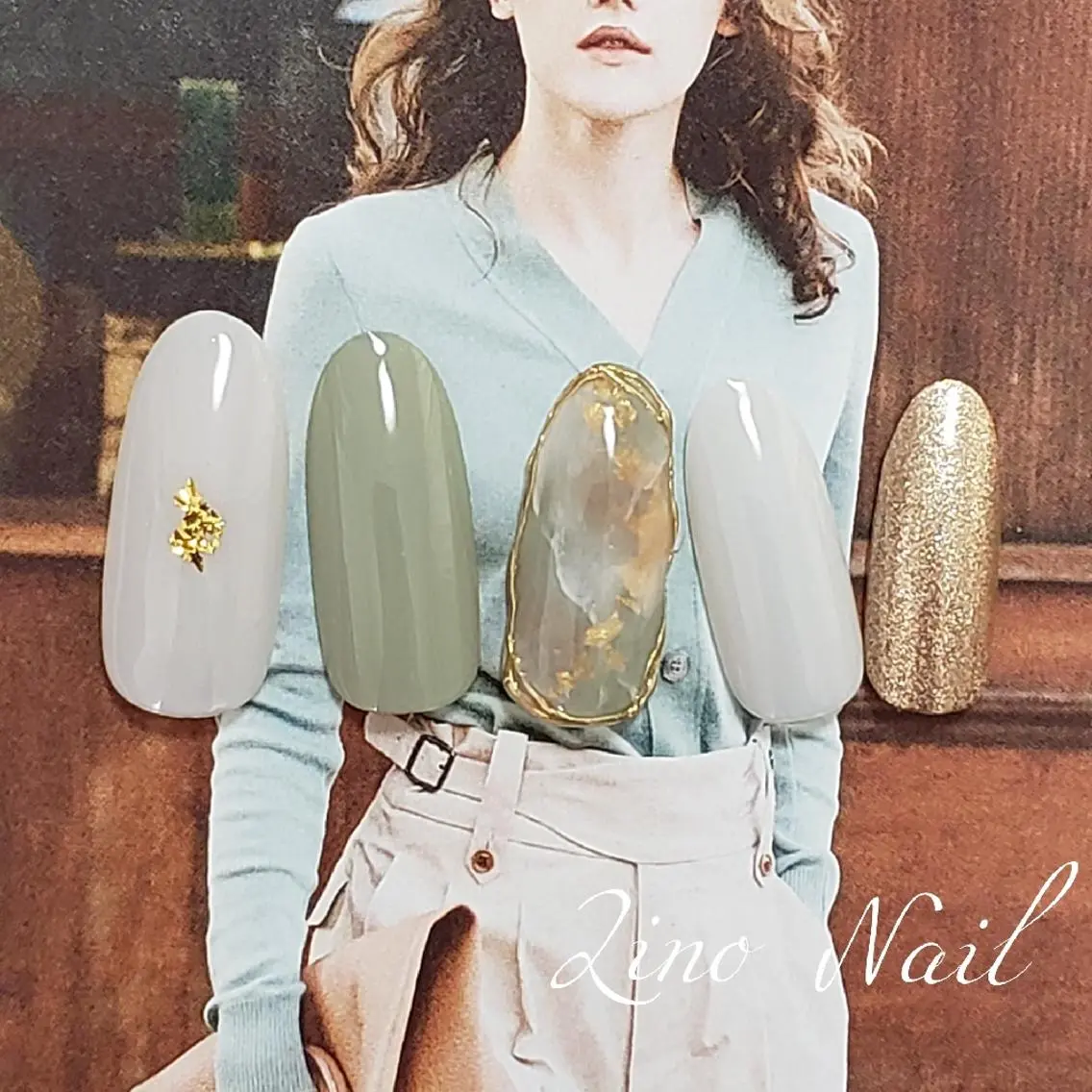 ネイル カジュアル ジェルネイル ゴールド グリーン ラメ(グリッター) ハンドネイル Lino Nailのネイルデザイン