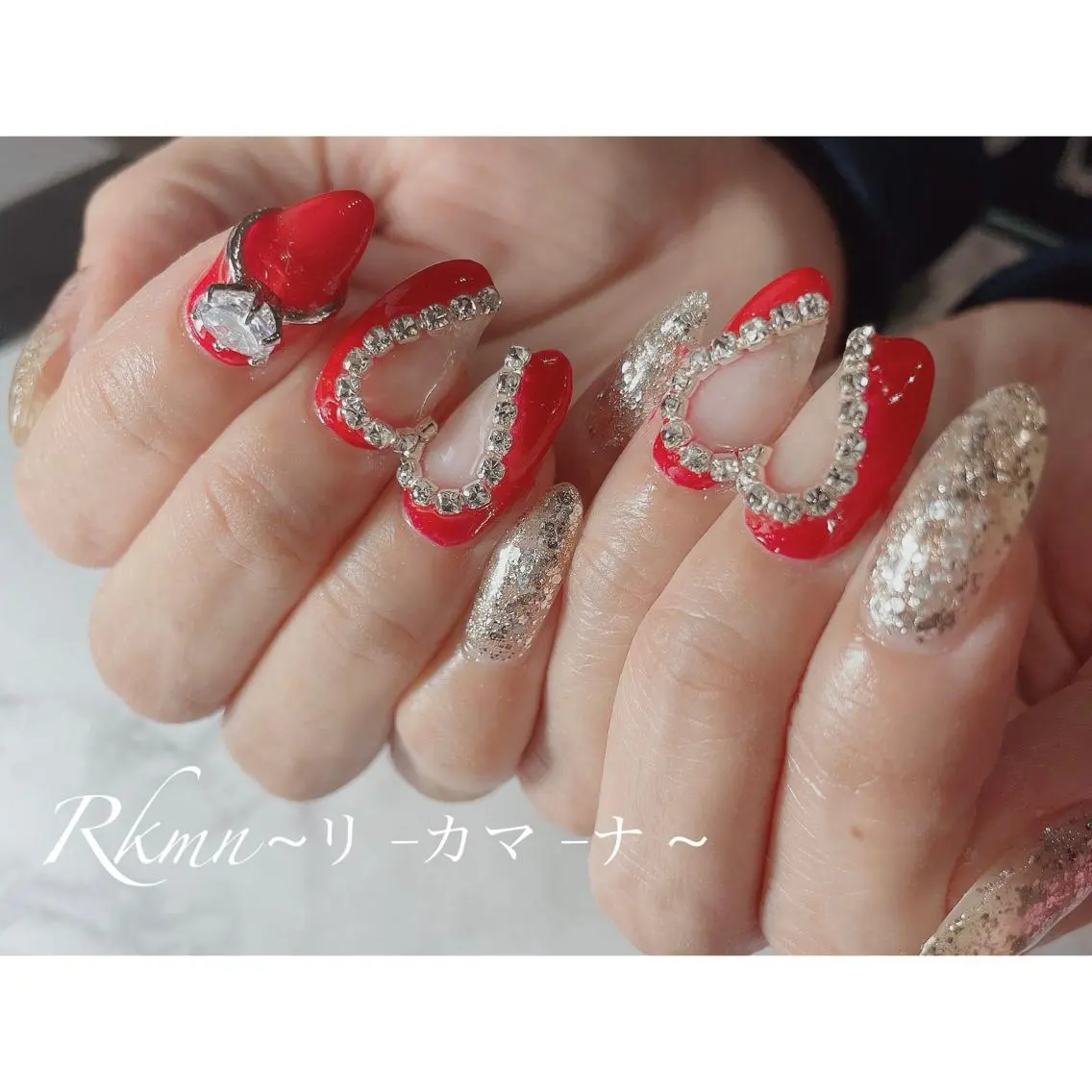 ネイル アートネイル ハート ラメ(グリッター) 赤色 春ネイル ハンドネイル フットネイル ハンドケア Rkmn ~リ-カマ-ナ~のネイルデザイン