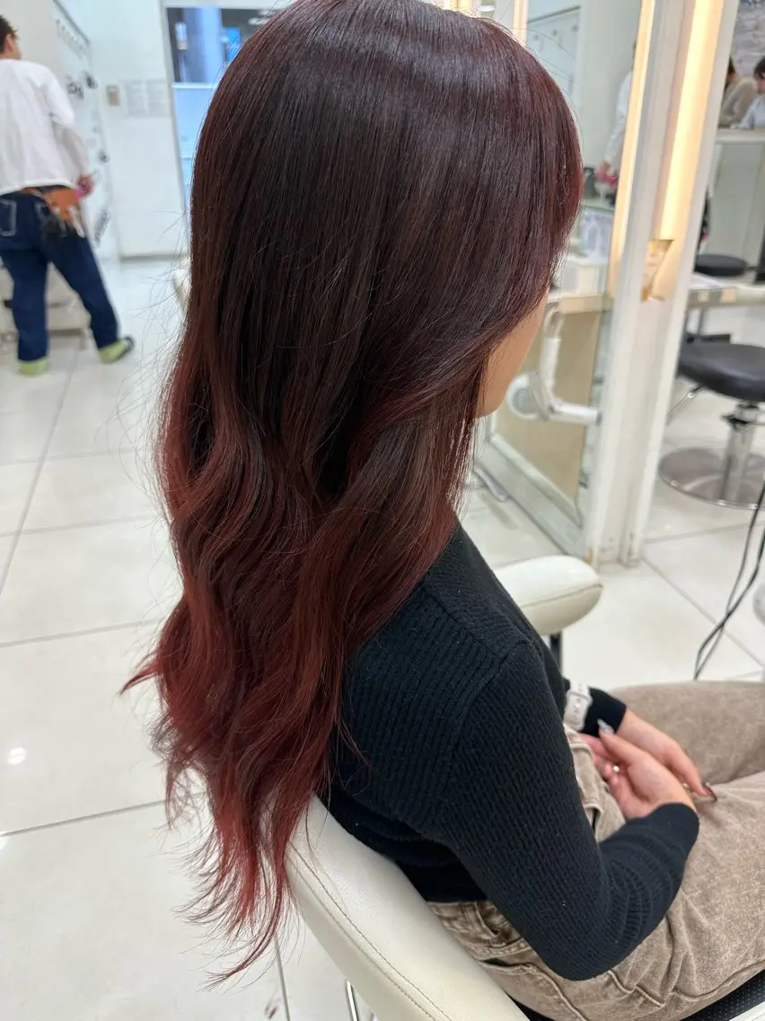 ロング カラー ブリーチ ボルドーカラー グラデーションカラー カット ヘアカラー 伊佐 愛のヘアスタイル