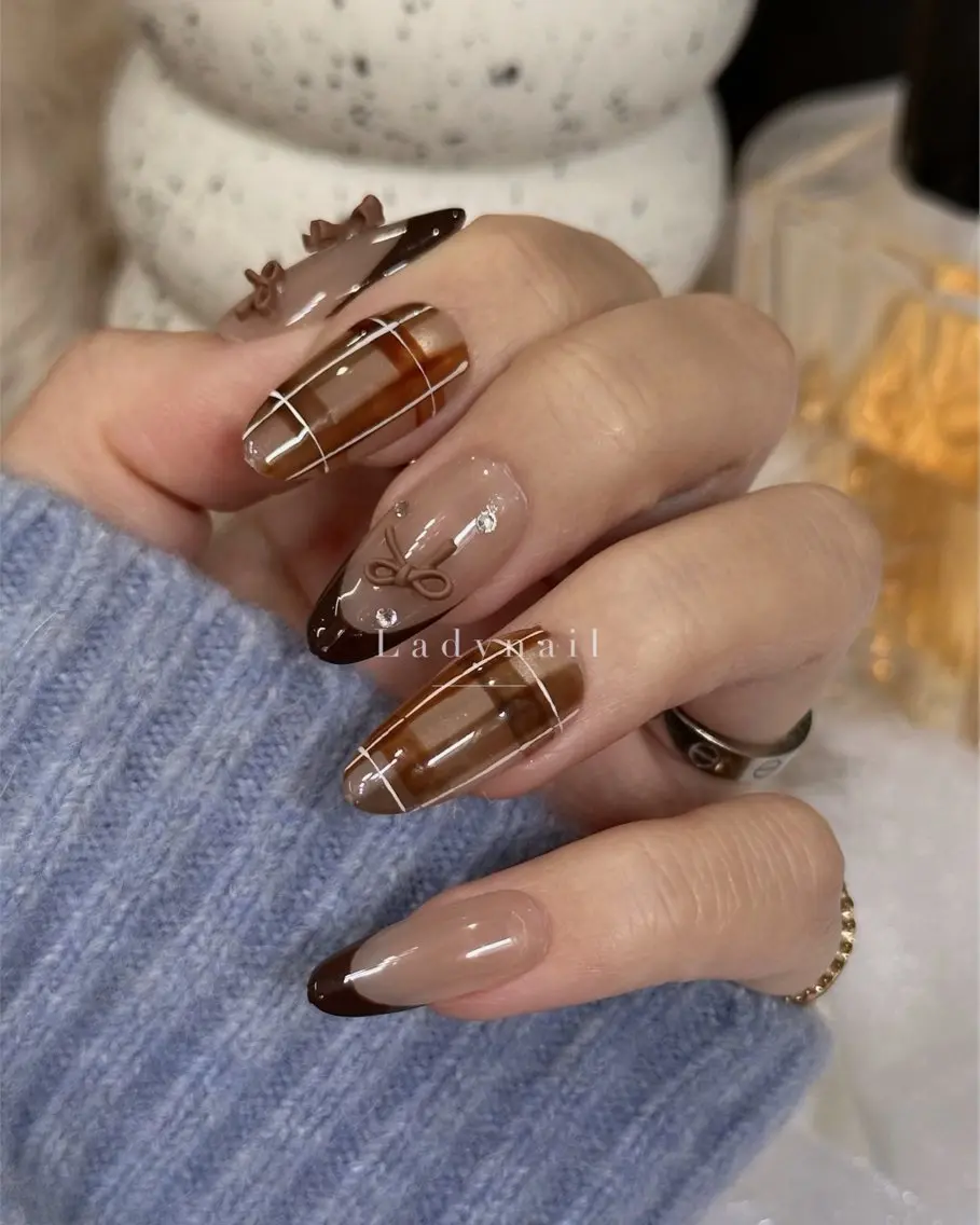 ネイル ブラウン 韓国ネイル リボン ハンドネイル Lady nailのネイルデザイン