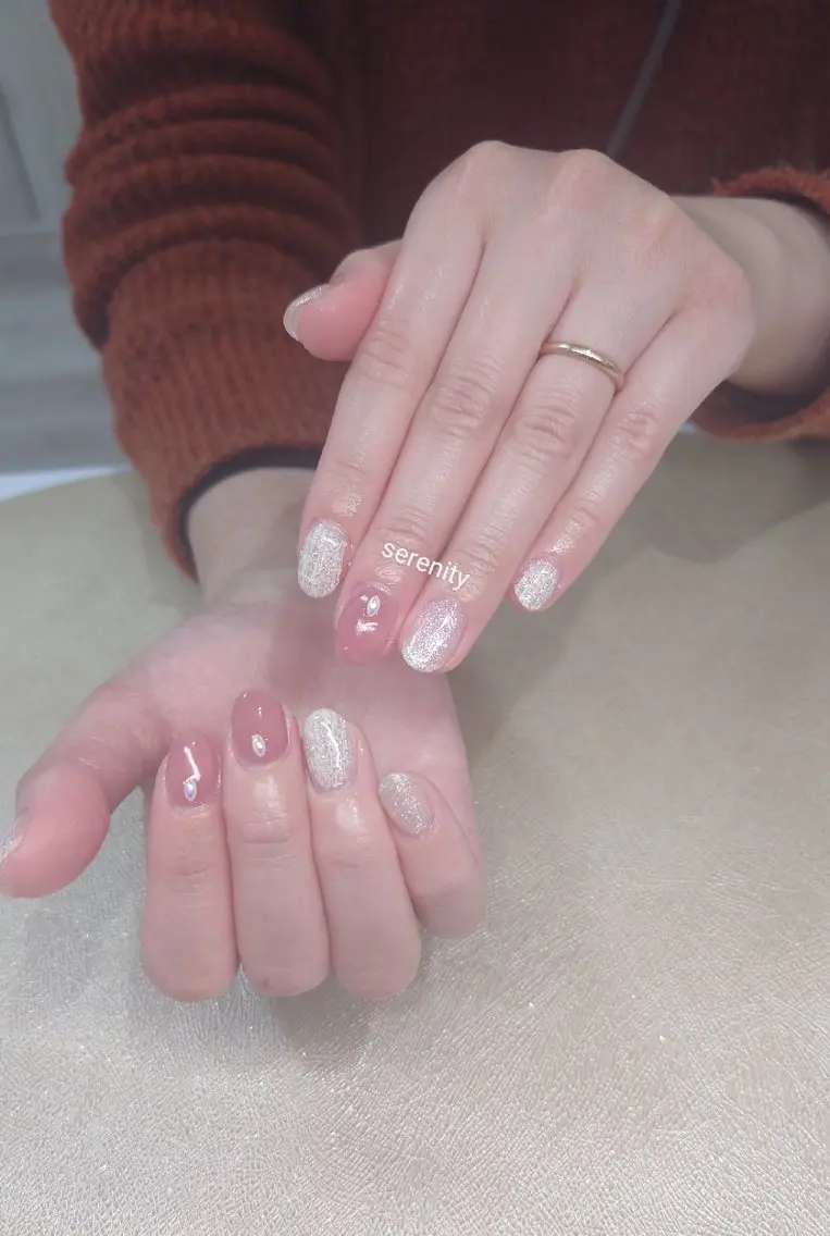 ネイル ピンク 春ネイル ツイードネイル ホワイト nail  serenityのネイルデザイン