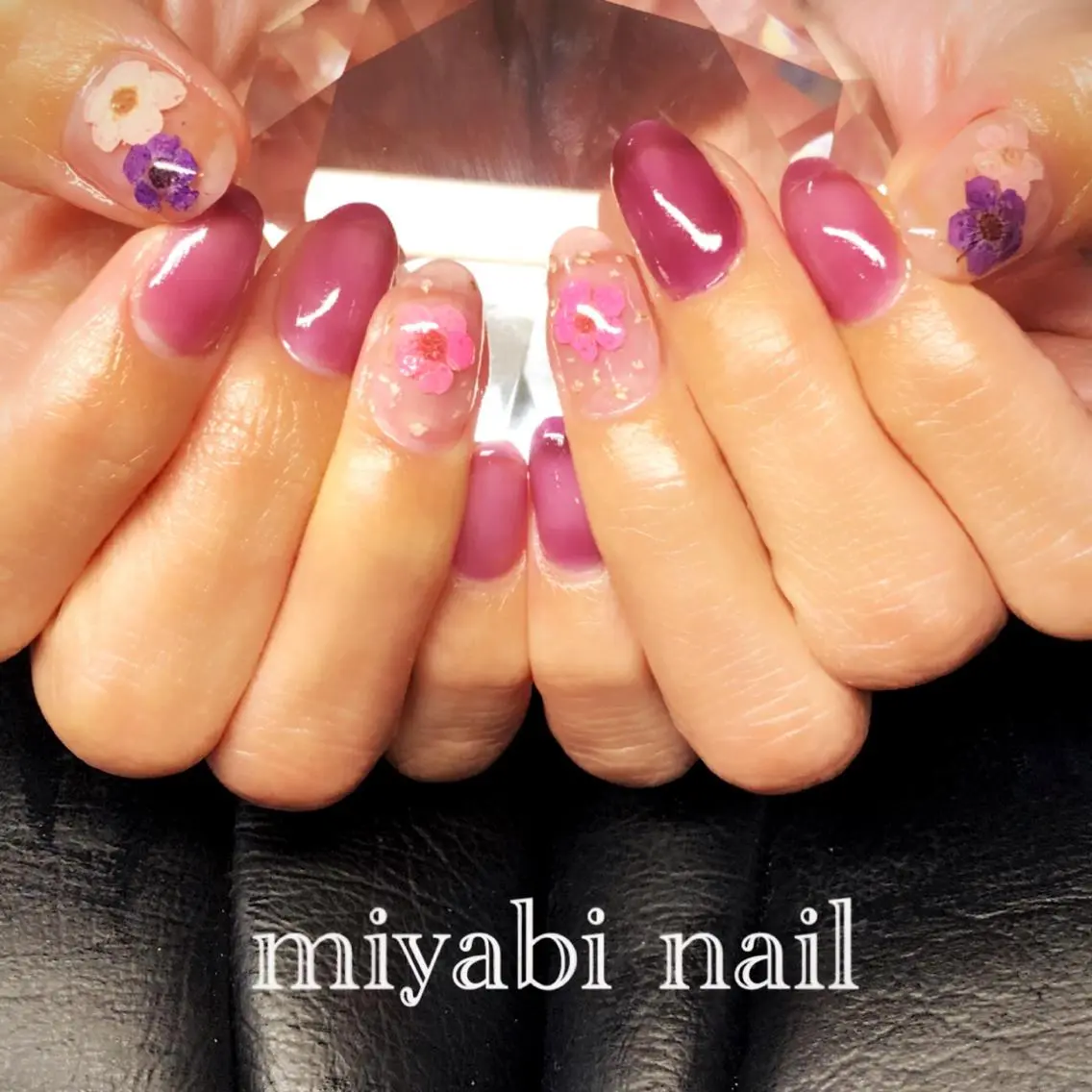 ネイル アートネイル クリアネイル フラワーネイル ジェルネイル パープル ハンドネイル miyabi nail 桂川駅近くのネイルデザイン