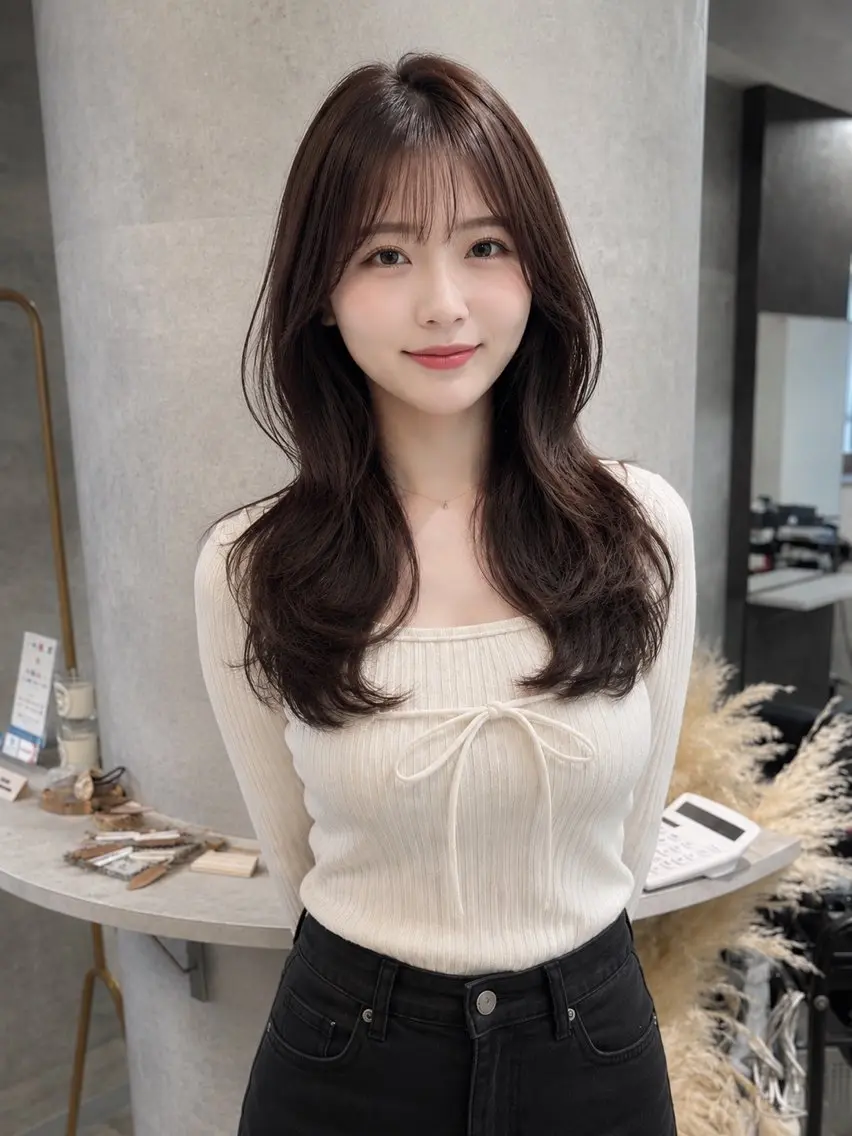 セミロング くびれヘア ハッシュカット 韓国風ヘア レイヤーカット シースルーバング カット ヘアカラー トリートメント 新宿/韓国レイヤー/ 顔まわり透明感カラーのヘアスタイル