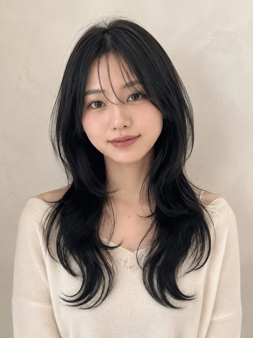 ロング くびれヘア ハッシュカット 韓国風ヘア レイヤーカット ロング カット ヘアカラー 新宿/韓国レイヤー/ 顔まわり透明感カラーのヘアスタイル