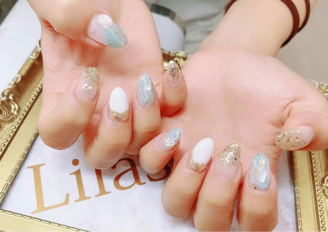 ネイル ブルー ジェルネイル グラデーション グリーン ハードジェル Lilas Nailのネイルデザイン