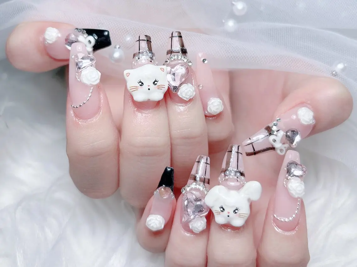 ネイル 成人式 ロングネイル マグネットネイル 大理石ネイル(マーブル) リボン ハンドネイル MoMoA Nail ネイル長さ出し専門店のネイルデザイン